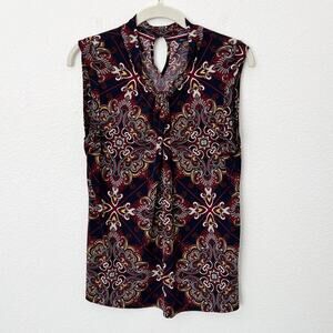 [Tommy Hilfiger] Navy Scroll Scarf Print Knot Neck Sleeveless Blouse Sz Large L